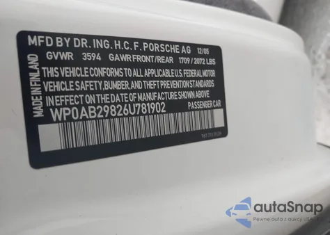 2006 Porsche Cayman S z USA, uszkodzony, nr VIN WP0AB29826U781902